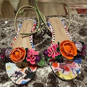 Betsey Johnson Multicolor Floral Ankle-Strap Sandals with Orange Rose Accents